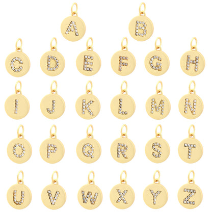 5PCS 18K Gold Filled Pendants Letters Initial Final Round Card Rhinestone Charms Jewelry Making Findings Supplies Pendants Doki Decor A  