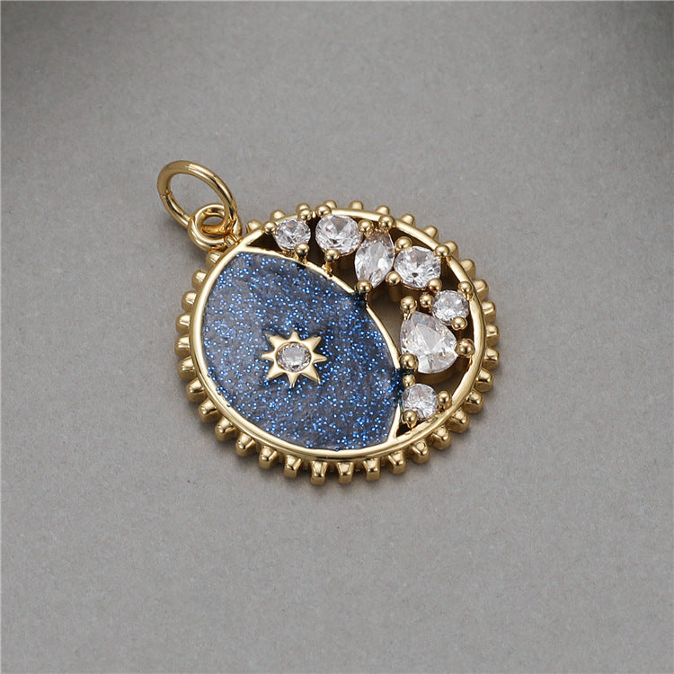 2PCS 18K Gold Filled Couple Pendants Moon Star Sea Rhinestone Charms Jewelry Making Findings Supplies Pendants Doki Decor Dark Blue  