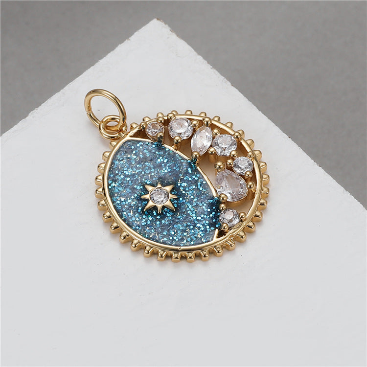 2PCS 18K Gold Filled Couple Pendants Moon Star Sea Rhinestone Charms Jewelry Making Findings Supplies Pendants Doki Decor Light Blue  