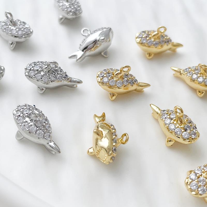 5PCS 18K Gold Filled Pendants Shark Rhinestone White Gold Charms Jewelry Making Findings Supplies Pendants Doki Decor   