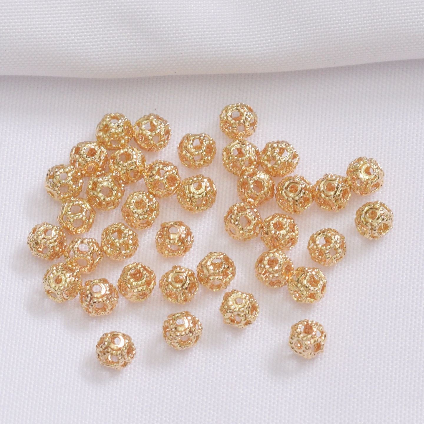 100PCS 18K Gold Filled Spacer Beads Ball Hollow Pattern White Gold Silver Large Hole For Jewelry Making DIY Beads Doki Decor 14K Gold  