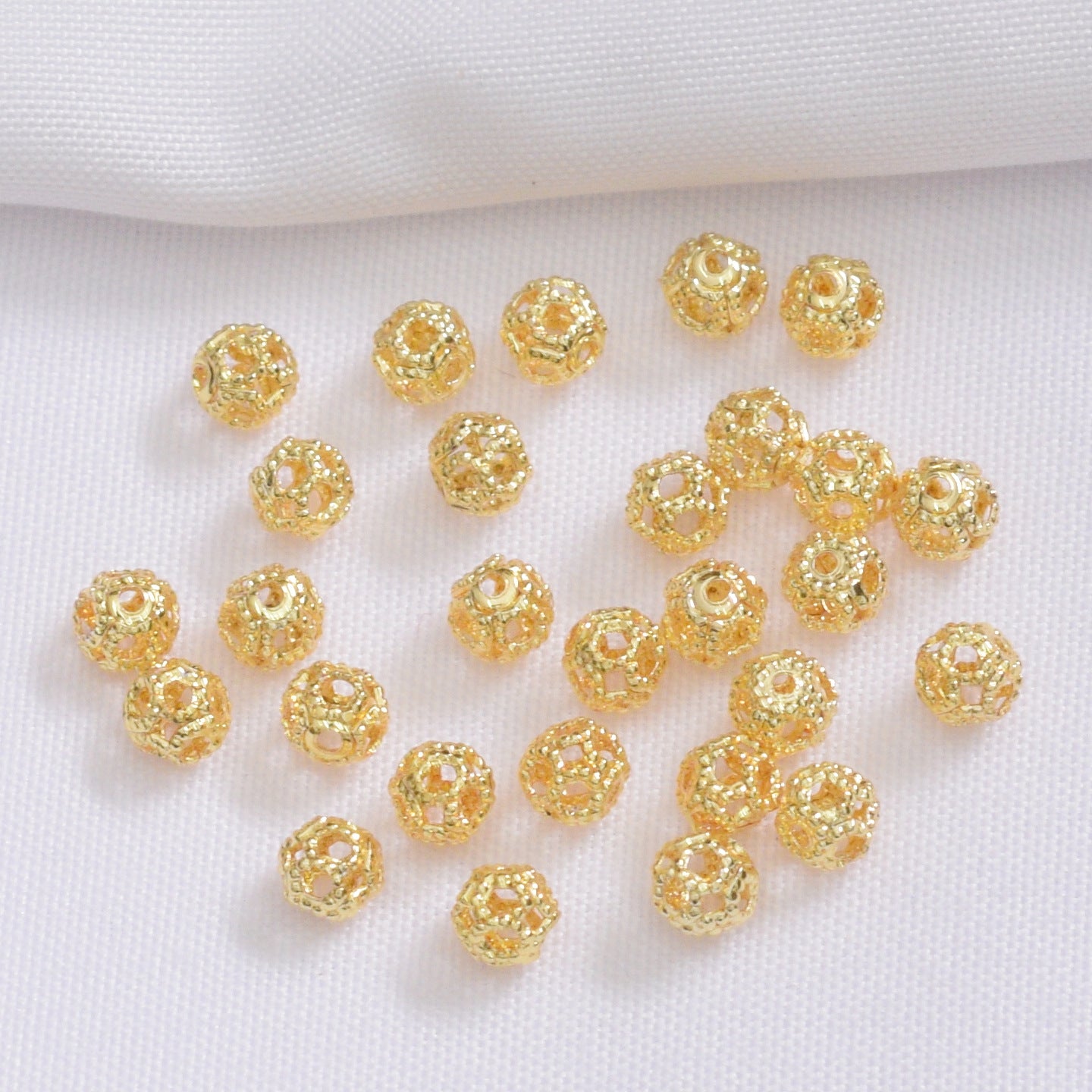 100PCS 18K Gold Filled Spacer Beads Ball Hollow Pattern White Gold Silver Large Hole For Jewelry Making DIY Beads Doki Decor 18K Gold  