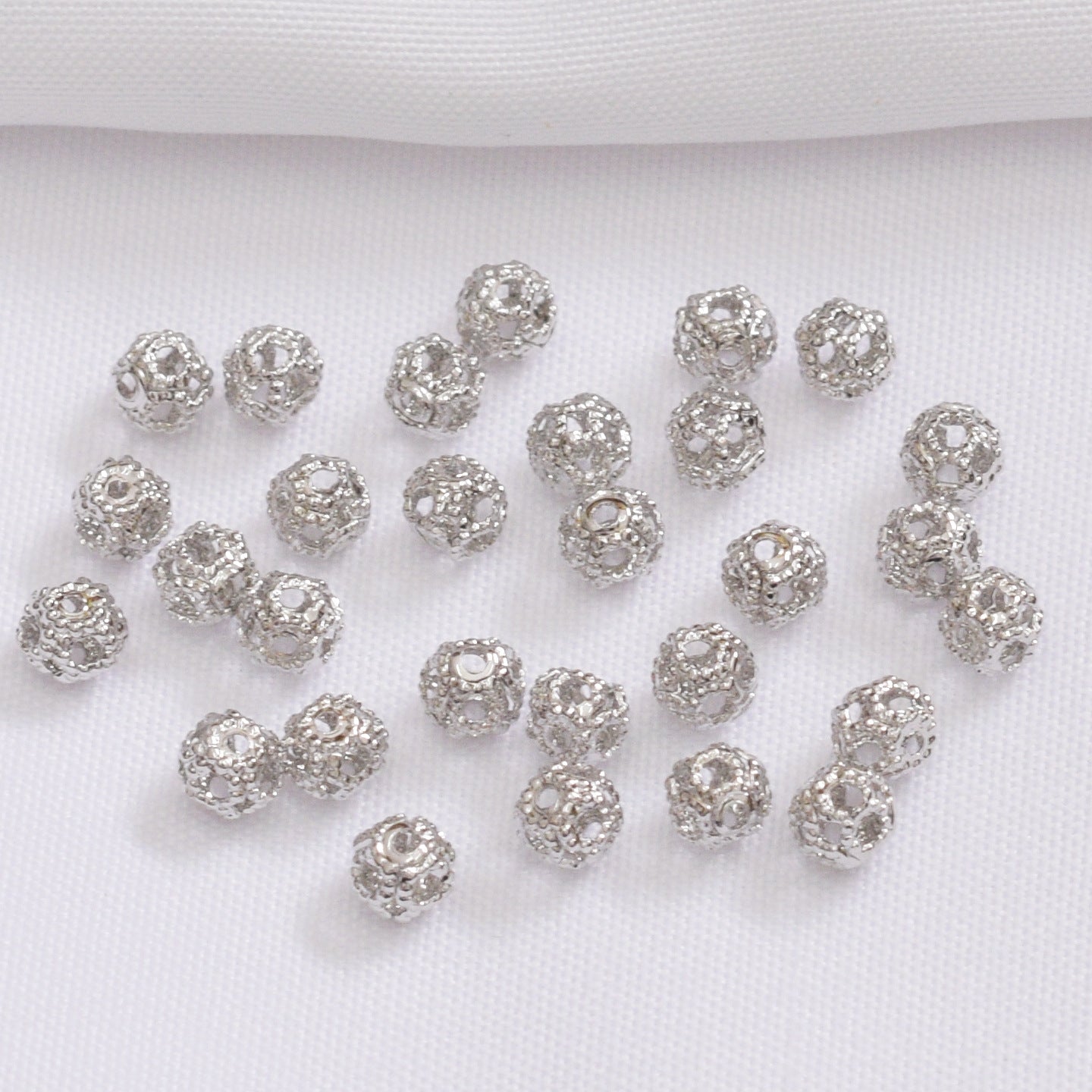 100PCS 18K Gold Filled Spacer Beads Ball Hollow Pattern White Gold Silver Large Hole For Jewelry Making DIY Beads Doki Decor White Gold  