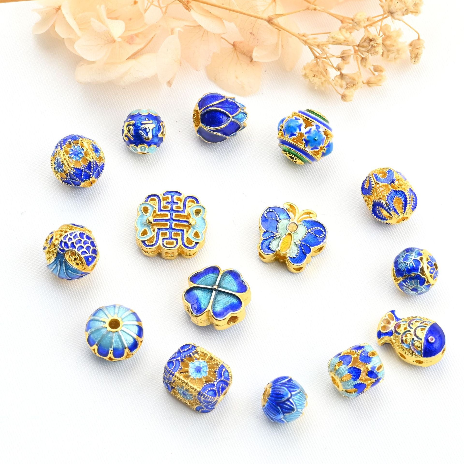 5PCS 18K Gold Filled Spacer Beads Blue Metal Fish Ball Flower Large Hole For Jewelry Making DIY Beads Doki Decor   