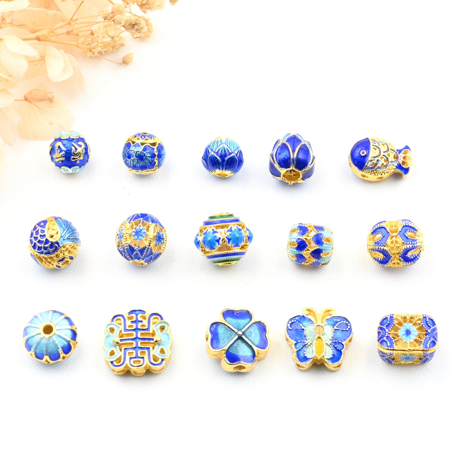 5PCS 18K Gold Filled Spacer Beads Blue Metal Fish Ball Flower Large Hole For Jewelry Making DIY Beads Doki Decor   