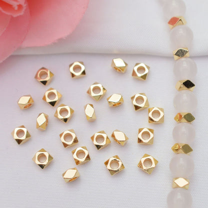 100PCS 18K Gold Filled Spacer Beads Corner Cut Cube Square Large Hole Silver Charm For Jewelry Making DIY Beads Doki Decor   