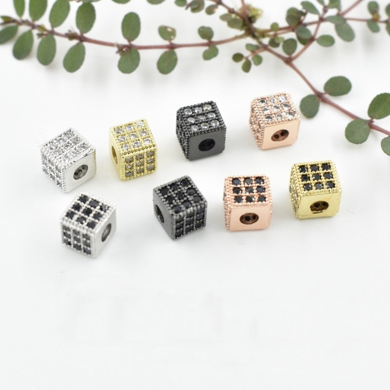 10PCS 18K Gold Filled Spacer Beads Cube Rhinestone Rose Gold White Gold Black Large Hole For Jewelry Making DIY Beads Doki Decor White Rhinestone 18K Gold 