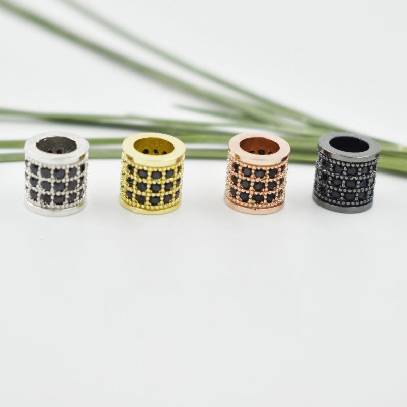 10PCS 18K Gold Filled Spacer Beads Cylinder Three Lines Rhinestone White Gold Rose Gold Black Large Hole For Jewelry Making DIY Beads Doki Decor Black Rhinestone 18K Gold 