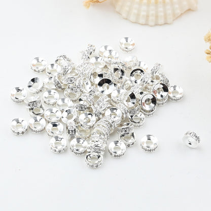 10PCS 18K Gold Filled Spacer Beads Flat Round Rhinestone Silver Rose Gold White Gold Black Large Hole Luxury For Jewelry Making DIY Beads Doki Decor Silver White Rhinestone 6mm