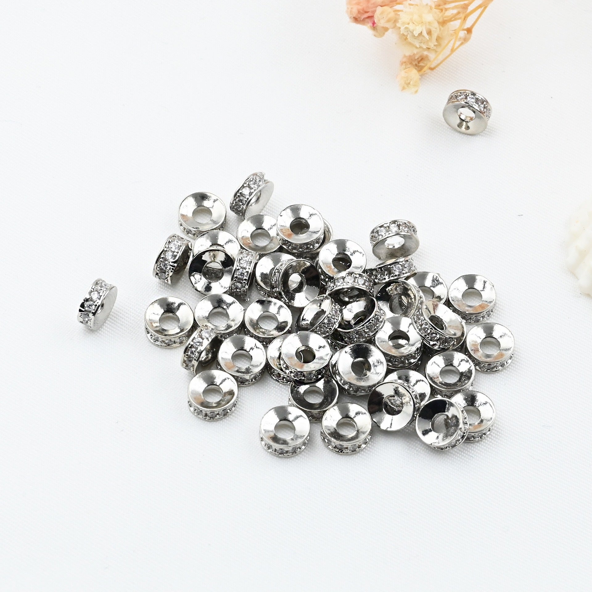 10PCS 18K Gold Filled Spacer Beads Flat Round Rhinestone Silver Rose Gold White Gold Black Large Hole Luxury For Jewelry Making DIY Beads Doki Decor White Gold White Rhinestone 6mm