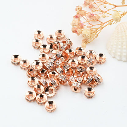 10PCS 18K Gold Filled Spacer Beads Flat Round Rhinestone Silver Rose Gold White Gold Black Large Hole Luxury For Jewelry Making DIY Beads Doki Decor Rose Gold White Rhinestone 6mm