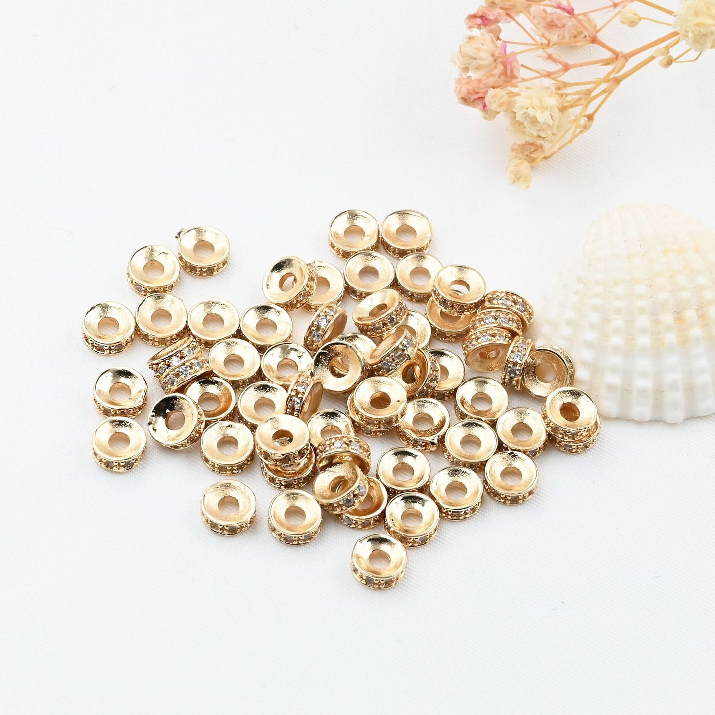 10PCS 18K Gold Filled Spacer Beads Flat Round Rhinestone Silver Rose Gold White Gold Black Large Hole Luxury For Jewelry Making DIY Beads Doki Decor 14K Gold White Rhinestone 6mm