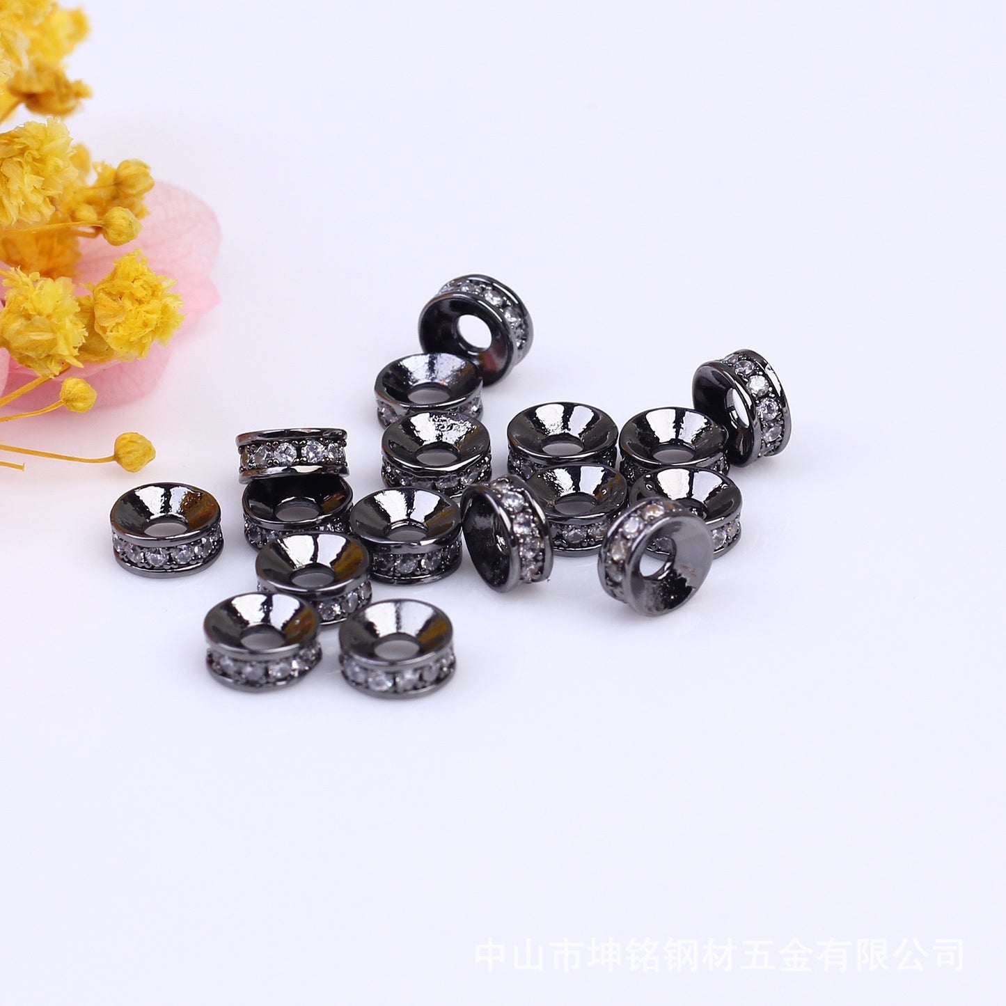 10PCS 18K Gold Filled Spacer Beads Flat Round Rhinestone Silver Rose Gold White Gold Black Large Hole Luxury For Jewelry Making DIY Beads Doki Decor Black White Rhinestone 6mm