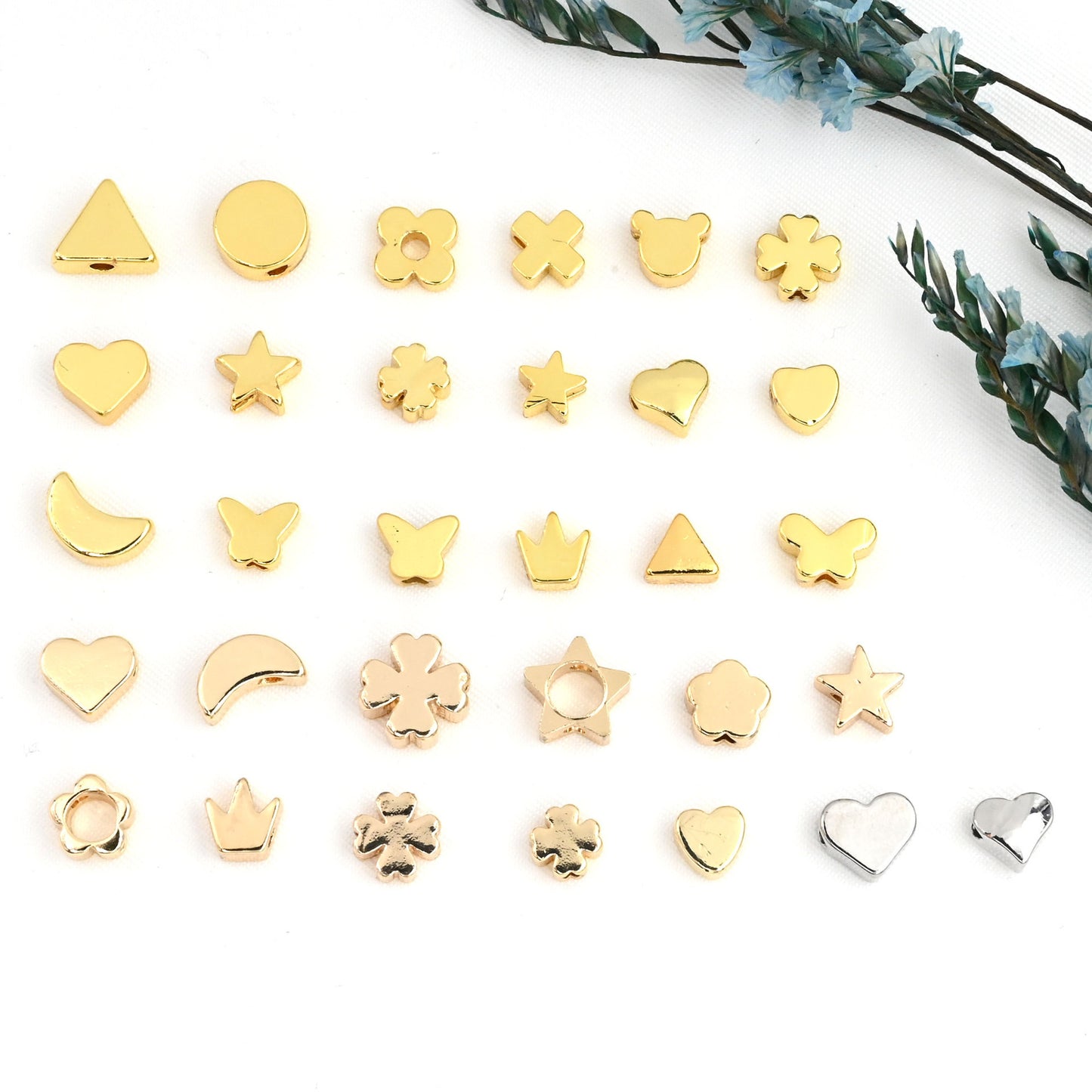 100PCS 18K Gold Filled Spacer Beads Moon Star Heart Flower Rectangle White Gold Large Hole For Jewelry Making DIY Beads Doki Decor   