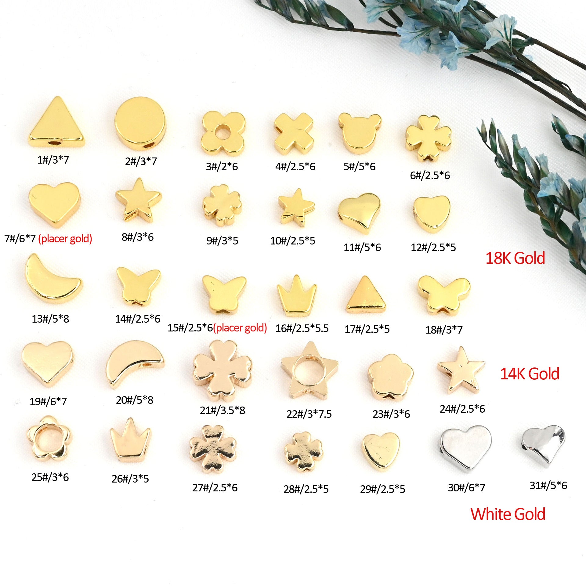 100PCS 18K Gold Filled Spacer Beads Moon Star Heart Flower Rectangle White Gold Large Hole For Jewelry Making DIY Beads Doki Decor   