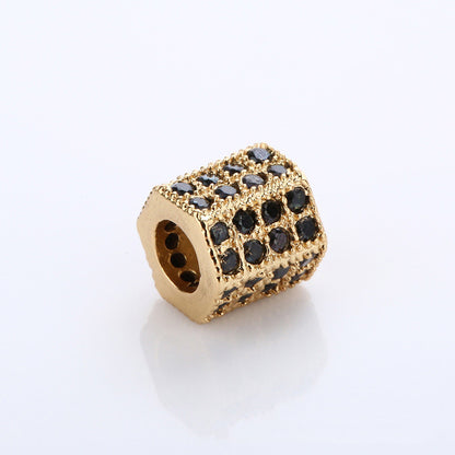 10PCS 18K Gold Filled Spacer Beads Hexagonal Column Rhinestone Rose Gold White Gold Black Large Hole For Jewelry Making DIY Beads Doki Decor Black Rhinestone 18K Gold 