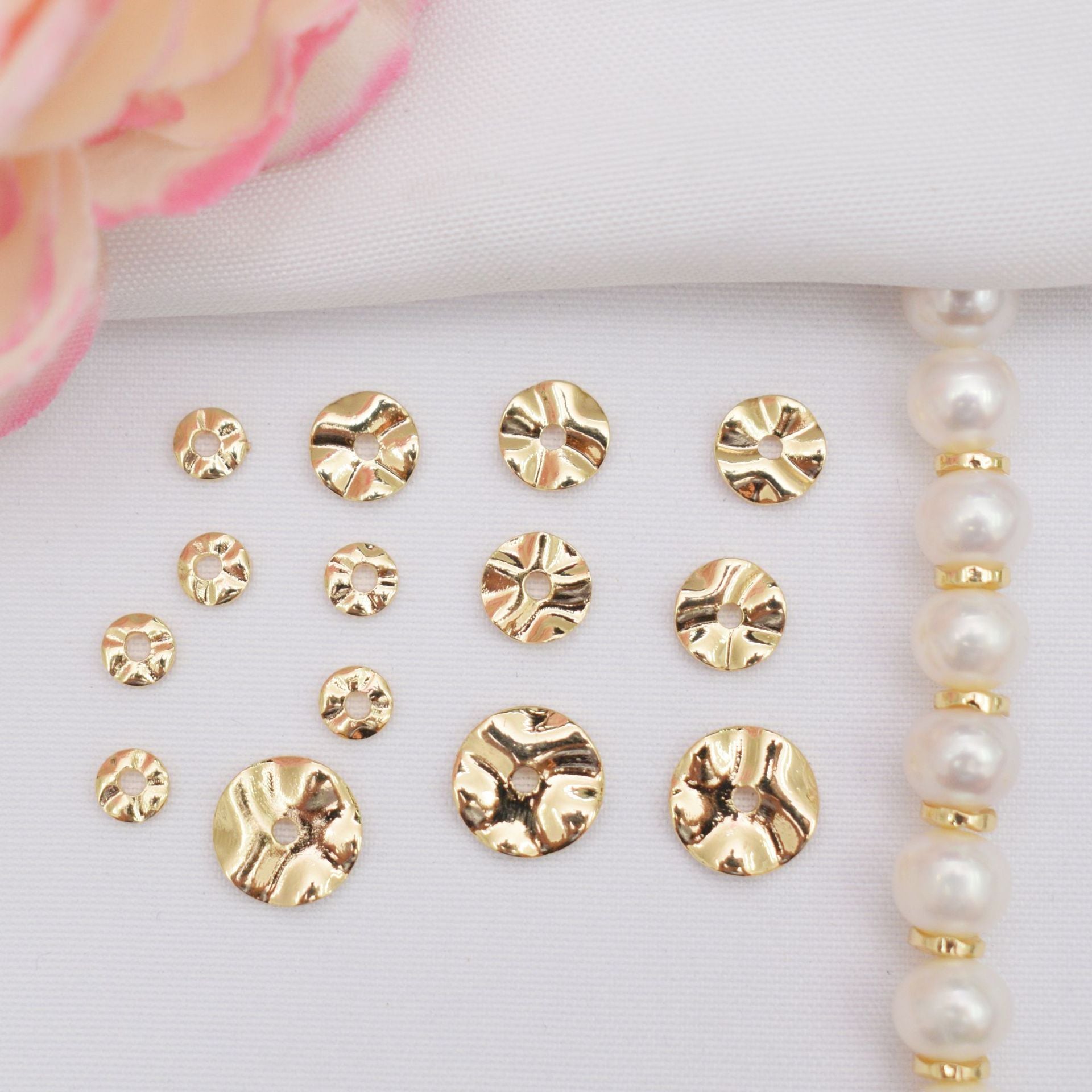 100PCS 18K Gold Filled Spacer Beads Irregular Wavy Pattern Baroque Flat Circle Round Silver With Hole For Jewelry Making DIY Beads Doki Decor   