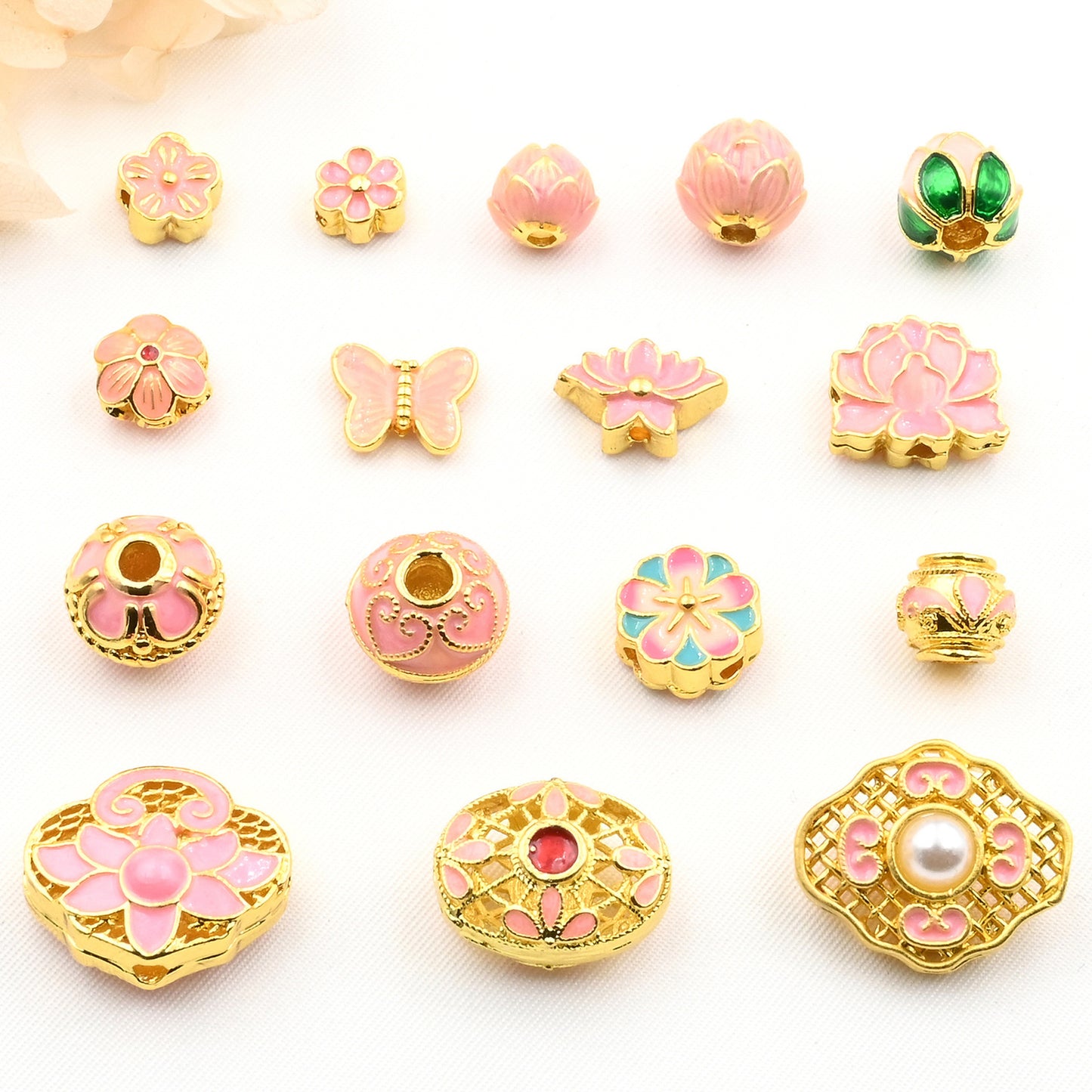 5PCS 18K Gold Filled Spacer Beads Pink Flower Pearl Large Hole Luxury For Jewelry Making DIY Beads Doki Decor   