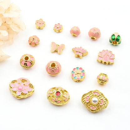 5PCS 18K Gold Filled Spacer Beads Pink Flower Pearl Large Hole Luxury For Jewelry Making DIY Beads Doki Decor   