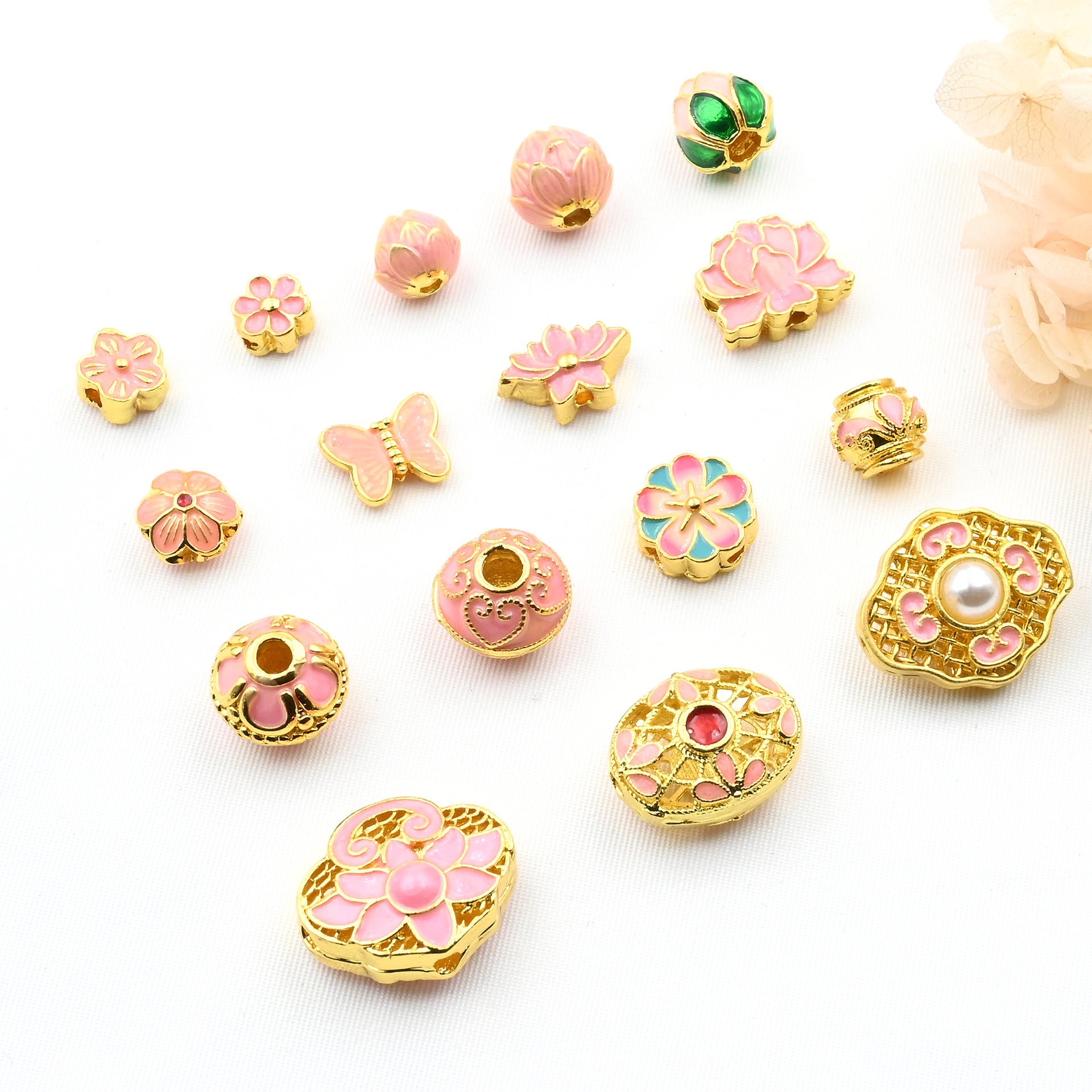 5PCS 18K Gold Filled Spacer Beads Pink Flower Pearl Large Hole Luxury For Jewelry Making DIY Beads Doki Decor   