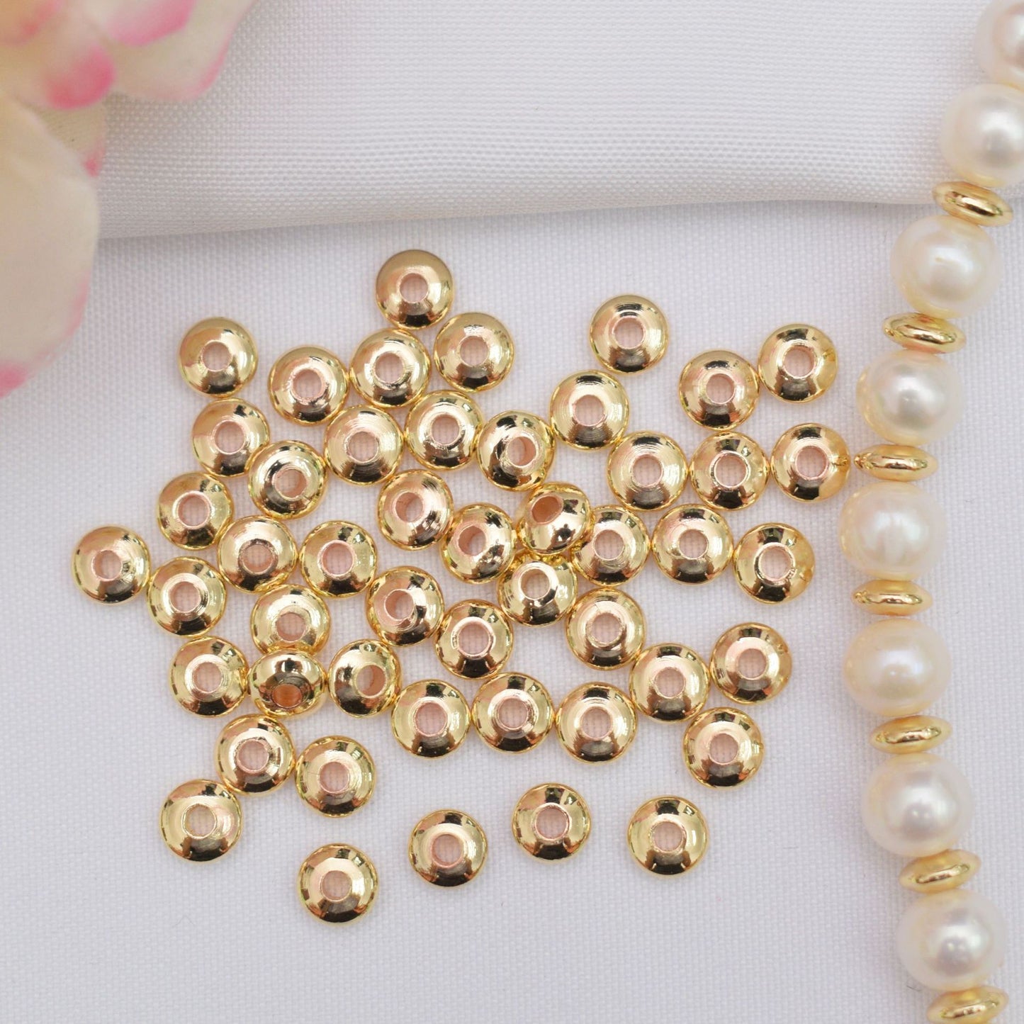 100PCS 18K Gold Filled Spacer Beads Round Smooth Silver Large Hole For Jewelry Making DIY Beads Doki Decor   