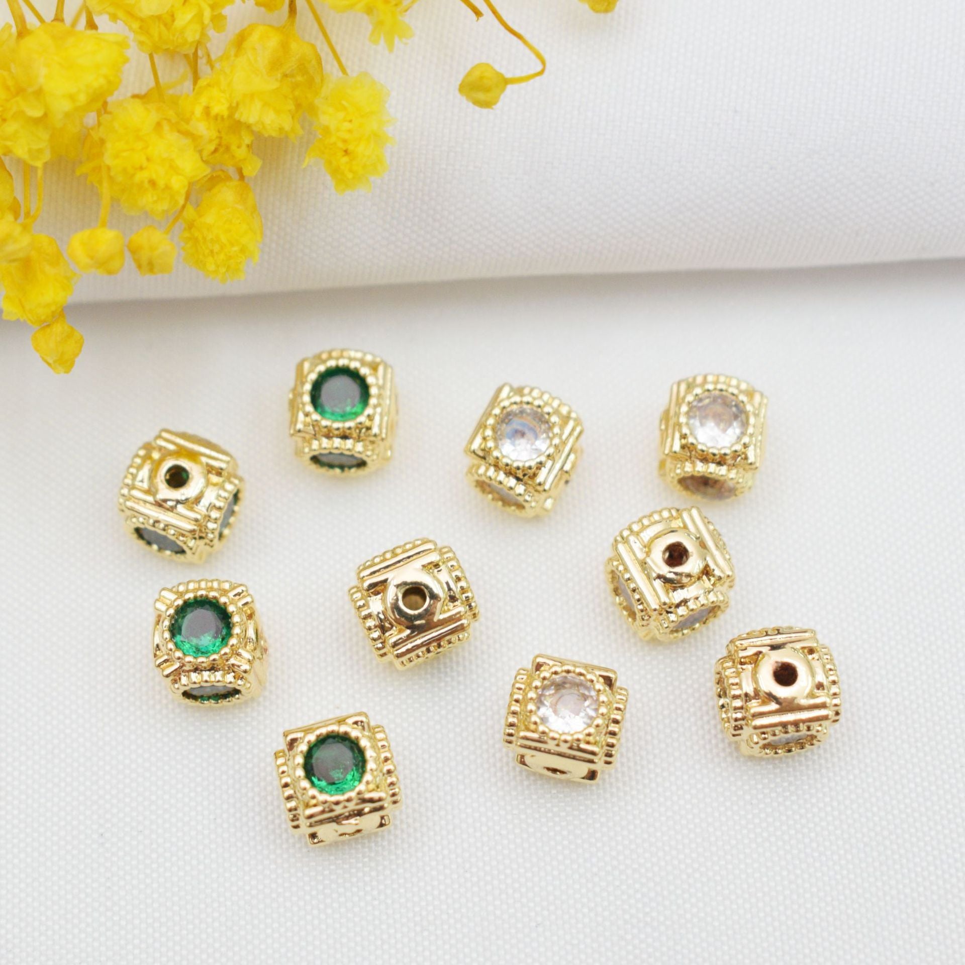 10PCS 18K Gold Filled Spacer Beads Cube Square Rhinestone Large Hole Charm For Jewelry Making DIY Beads Doki Decor   