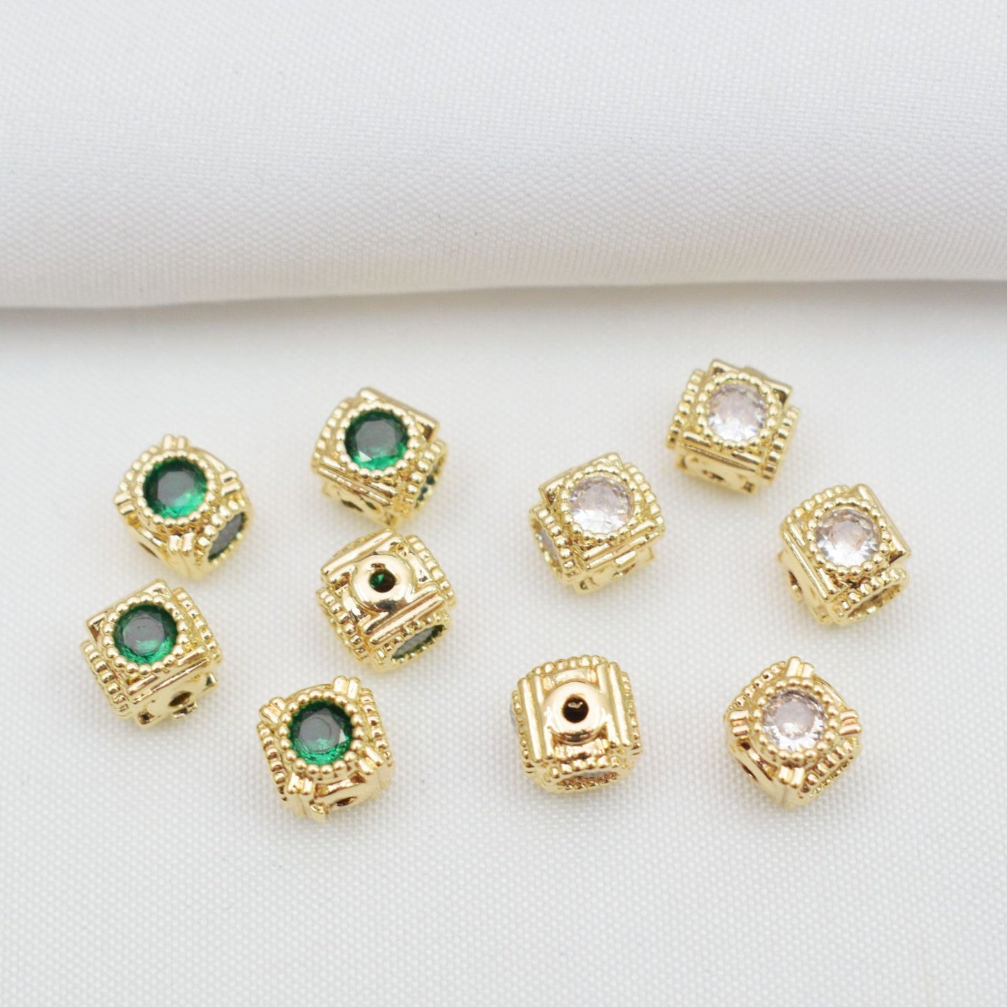 10PCS 18K Gold Filled Spacer Beads Cube Square Rhinestone Large Hole Charm For Jewelry Making DIY Beads Doki Decor 14K Gold  