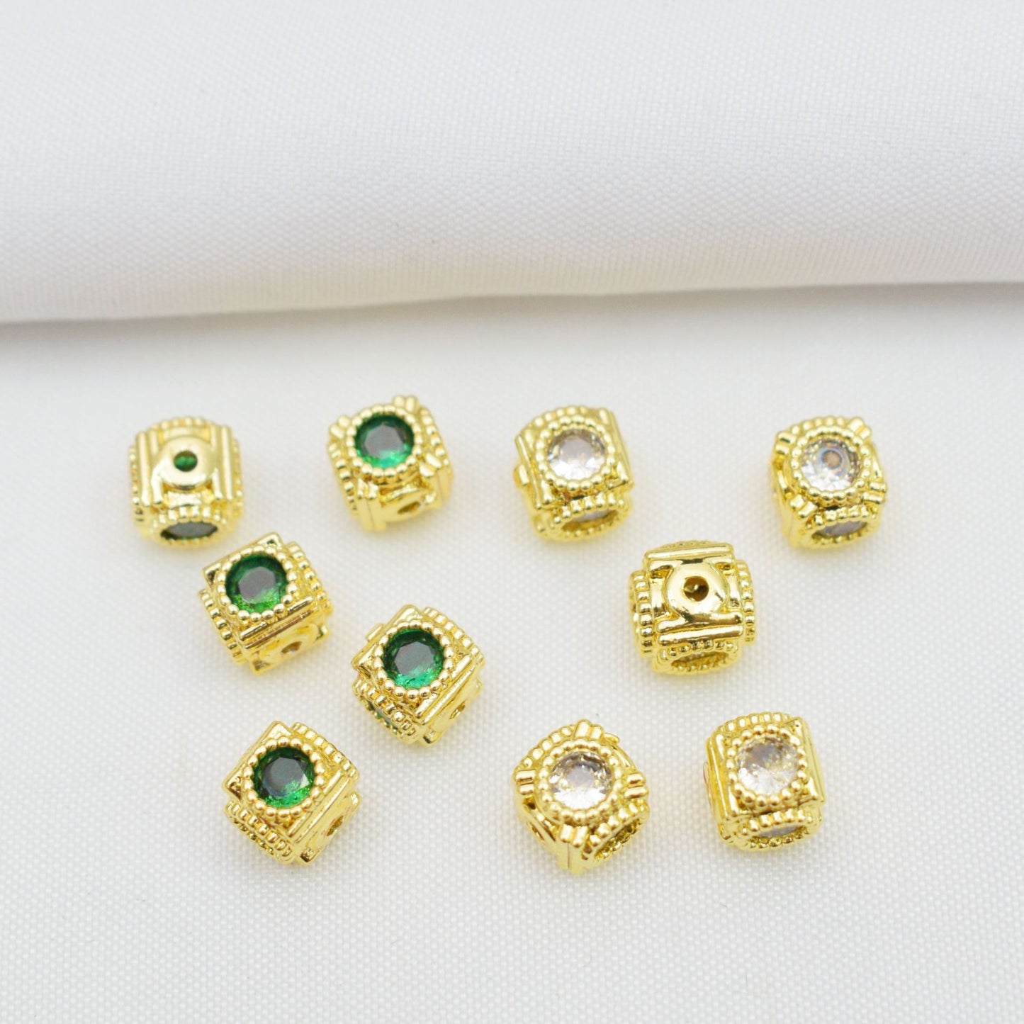 10PCS 18K Gold Filled Spacer Beads Cube Square Rhinestone Large Hole Charm For Jewelry Making DIY Beads Doki Decor 18K Gold  