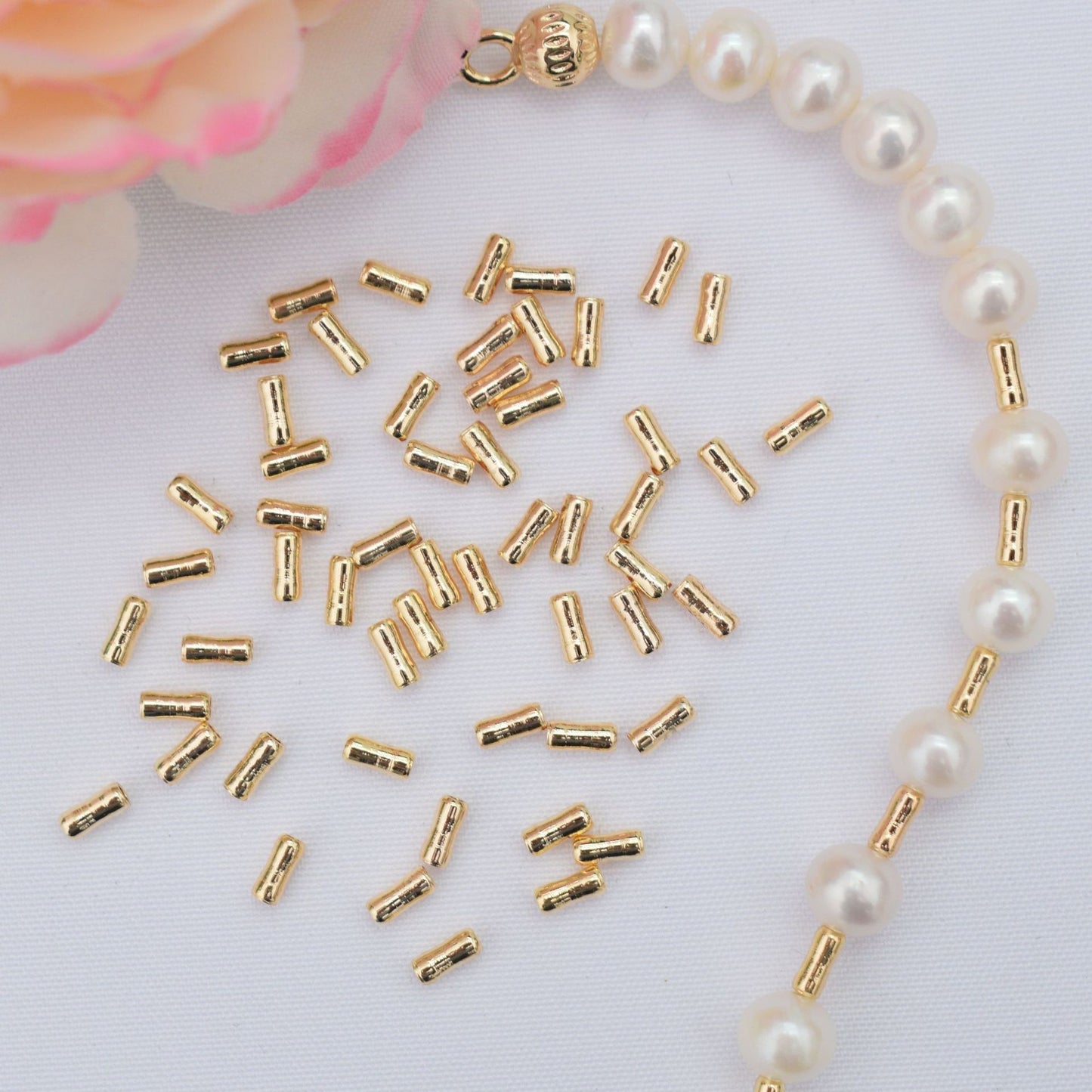 100PCS 18K Gold Filled Spacer Beads Straight Tube Silver Large Hole For Jewelry Making DIY Beads Doki Decor   