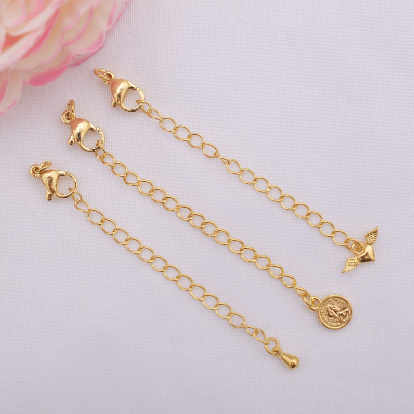 10PCS 24K Gold Filled Extend Chains Extenders With Lobster Claw Clasps Waterdrop Portrait Heart For Jewelry Making Finding Kits Repair Chains Doki Decor   