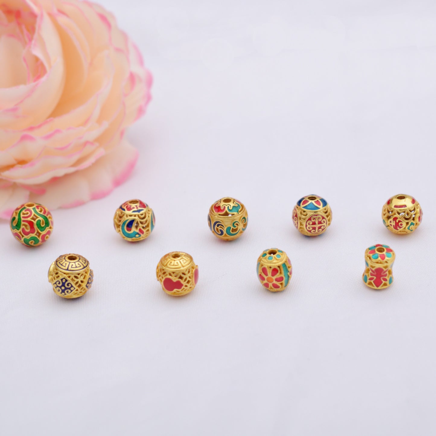 10PCS Placer Gold Beads Pattern Ball With Hole Charm For Jewelry Making DIY Beads Doki Decor   