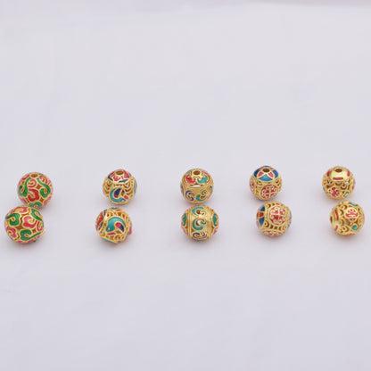 10PCS Placer Gold Beads Pattern Ball With Hole Charm For Jewelry Making DIY Beads Doki Decor   