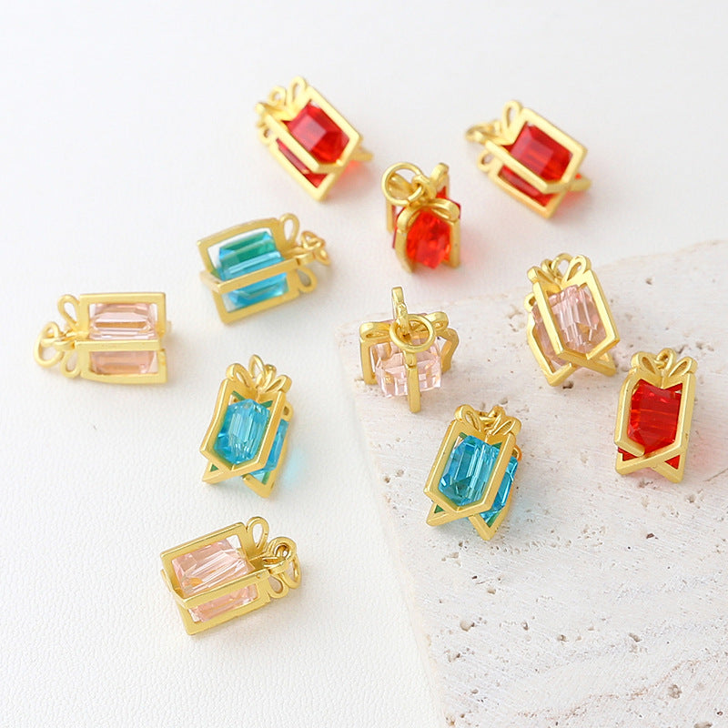 5PCS Placer Gold Pendants Gift Box Cube Bow Tie Christmas Transparent Charms Jewelry Making Findings Supplies Pendants Doki Decor   