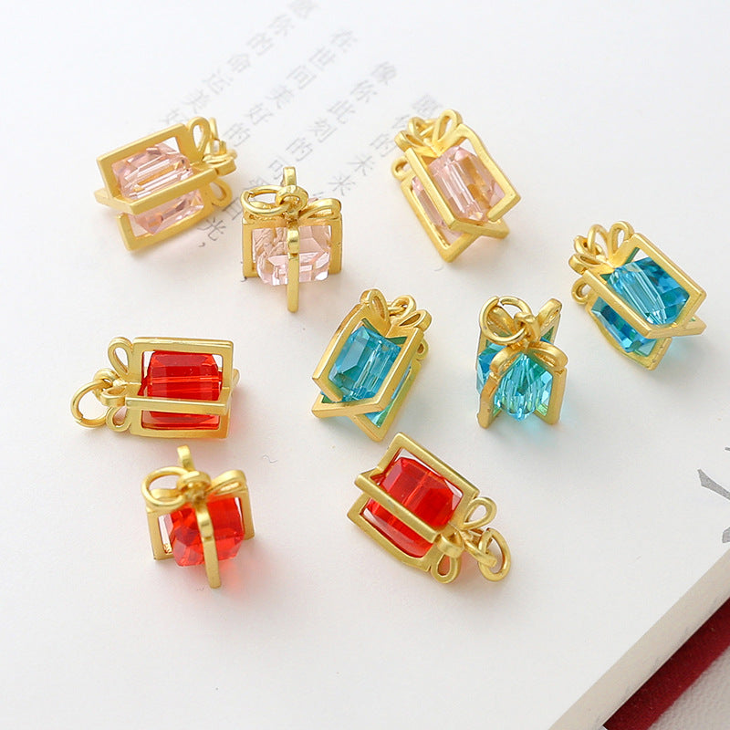 5PCS Placer Gold Pendants Gift Box Cube Bow Tie Christmas Transparent Charms Jewelry Making Findings Supplies Pendants Doki Decor   