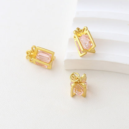 5PCS Placer Gold Pendants Gift Box Cube Bow Tie Christmas Transparent Charms Jewelry Making Findings Supplies Pendants Doki Decor Pink  