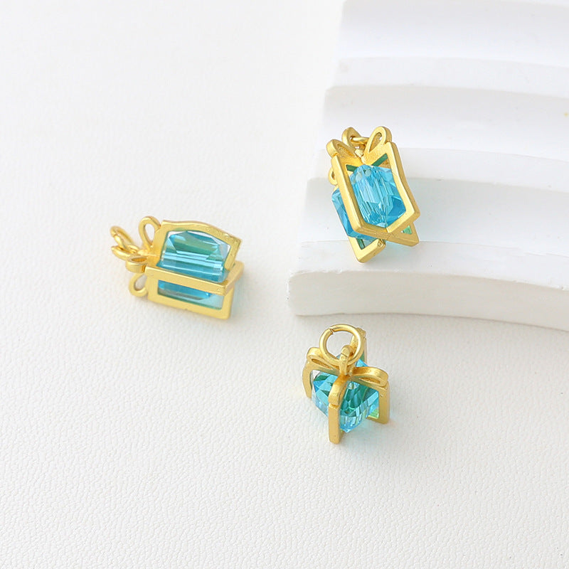 5PCS Placer Gold Pendants Gift Box Cube Bow Tie Christmas Transparent Charms Jewelry Making Findings Supplies Pendants Doki Decor Blue  