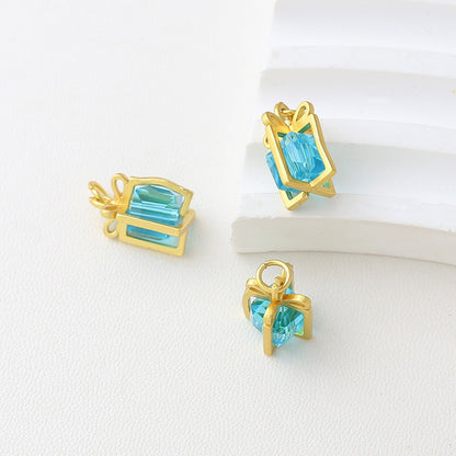 5PCS Placer Gold Pendants Gift Box Cube Bow Tie Christmas Transparent Charms Jewelry Making Findings Supplies Pendants Doki Decor Blue  