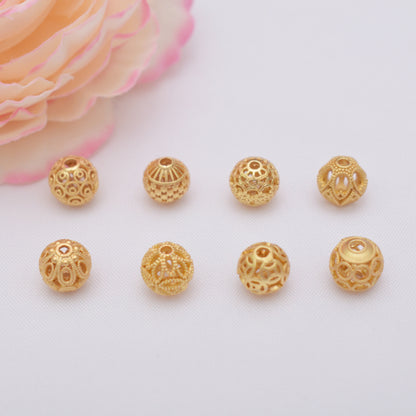 10PCS Placer Gold Spacer Beads Ball Pattern Hollow Round Large Hole Charm For Jewelry Making DIY Beads Doki Decor   