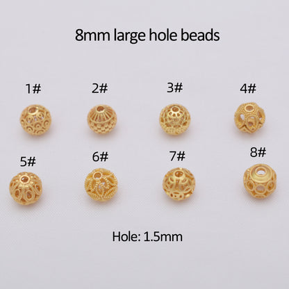 10PCS Placer Gold Spacer Beads Ball Pattern Hollow Round Large Hole Charm For Jewelry Making DIY Beads Doki Decor   