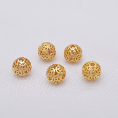 10PCS Placer Gold Spacer Beads Ball Pattern Hollow Round Large Hole Charm For Jewelry Making DIY Beads Doki Decor 7#  