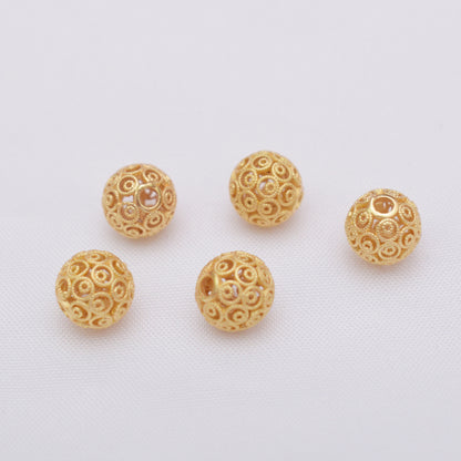 10PCS Placer Gold Spacer Beads Ball Pattern Hollow Round Large Hole Charm For Jewelry Making DIY Beads Doki Decor 1#  