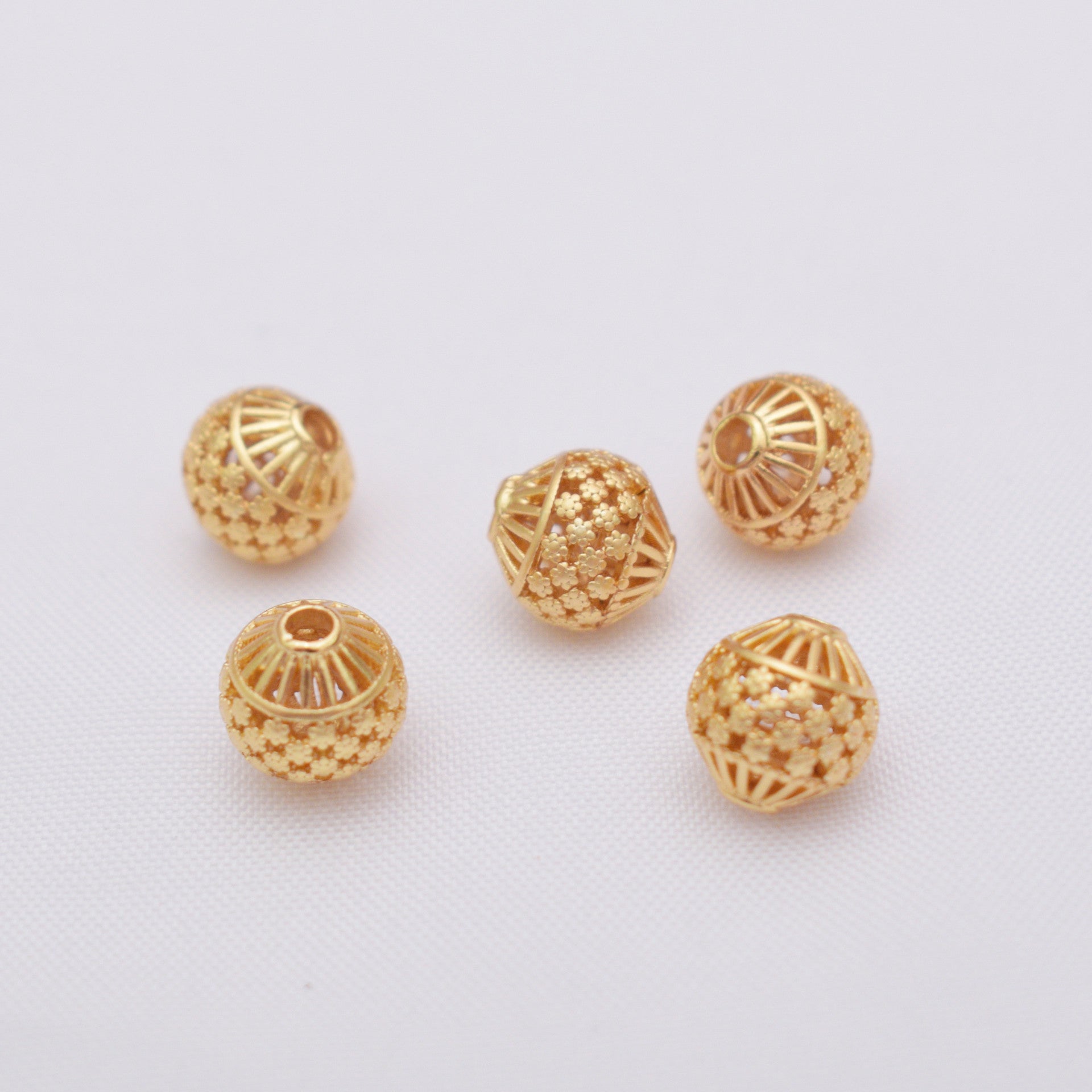 10PCS Placer Gold Spacer Beads Ball Pattern Hollow Round Large Hole Charm For Jewelry Making DIY Beads Doki Decor 2#  