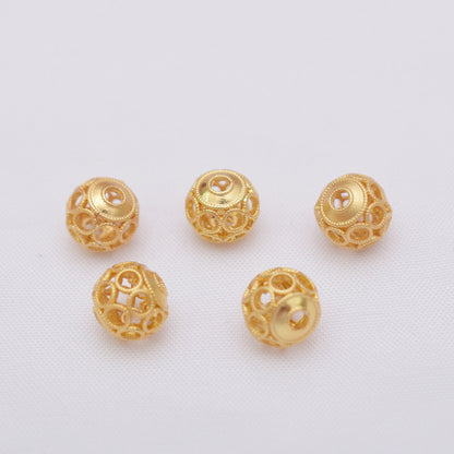 10PCS Placer Gold Spacer Beads Ball Pattern Hollow Round Large Hole Charm For Jewelry Making DIY Beads Doki Decor 8#  