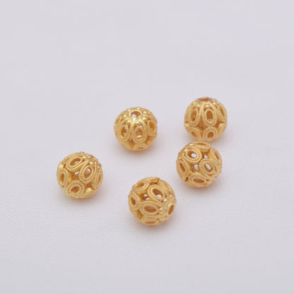 10PCS Placer Gold Spacer Beads Ball Pattern Hollow Round Large Hole Charm For Jewelry Making DIY Beads Doki Decor 5#  