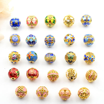 5PCS Placer Gold Spacer Beads Blue Pink Hollow Ball Pattern Large Hole For Jewelry Making DIY Beads Doki Decor   