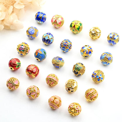 5PCS Placer Gold Spacer Beads Blue Pink Hollow Ball Pattern Large Hole For Jewelry Making DIY Beads Doki Decor   