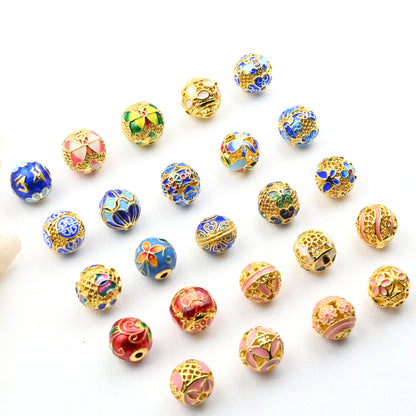 5PCS Placer Gold Spacer Beads Blue Pink Hollow Ball Pattern Large Hole For Jewelry Making DIY Beads Doki Decor   