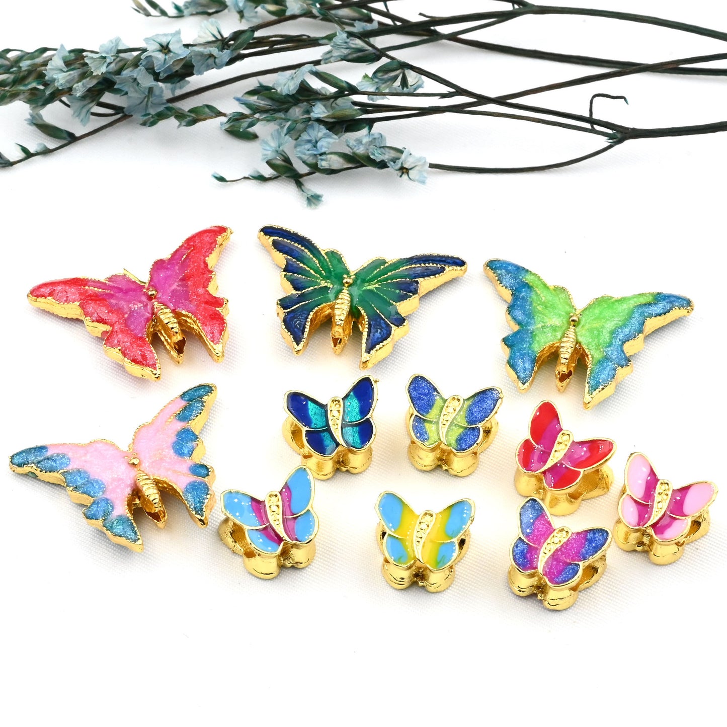 5PCS Placer Gold Spacer Beads Butterfly Resin Colorful Large Hole For Jewelry Making DIY Beads Doki Decor   