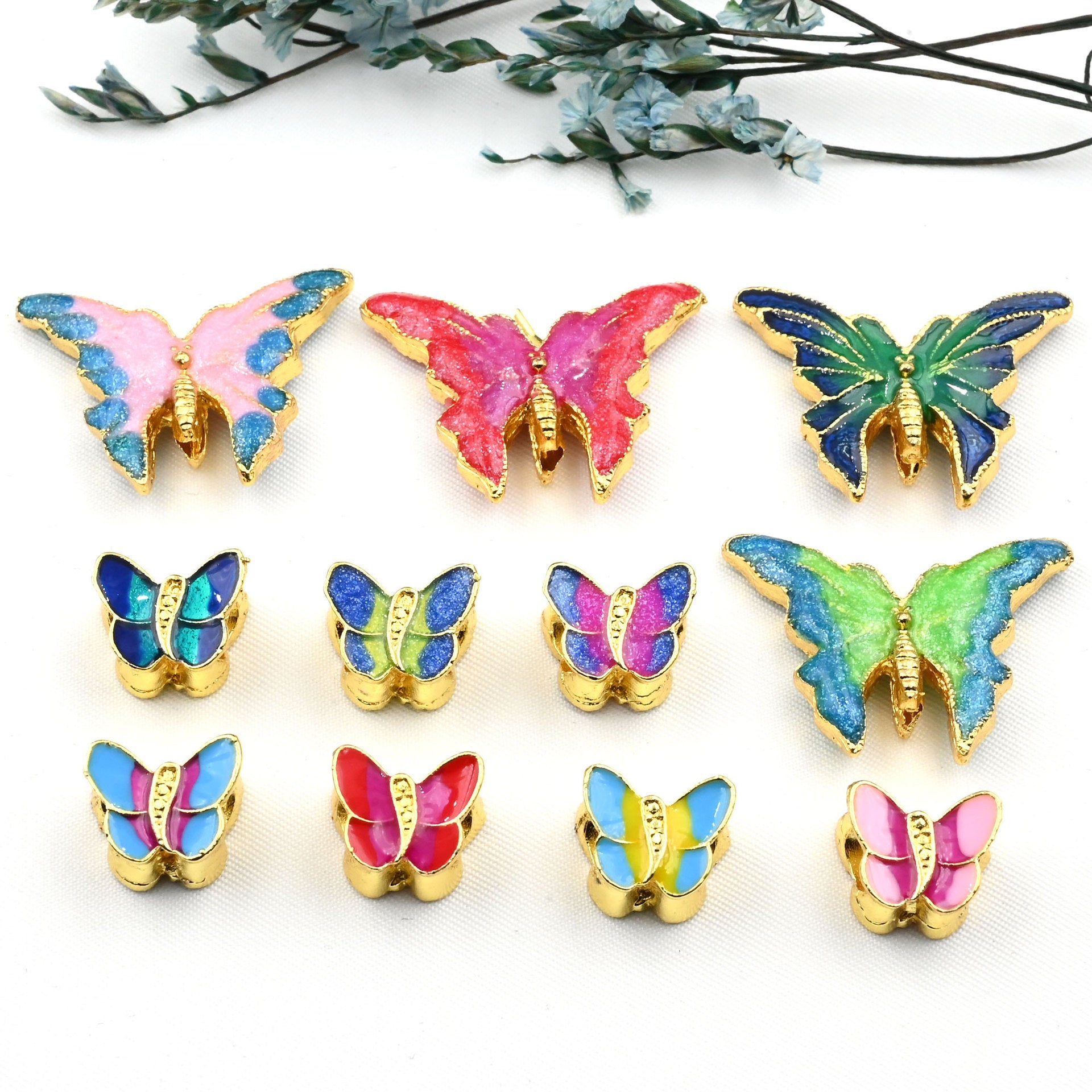 5PCS Placer Gold Spacer Beads Butterfly Resin Colorful Large Hole For Jewelry Making DIY Beads Doki Decor   