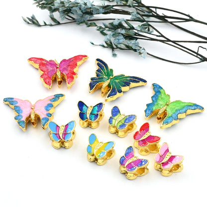 5PCS Placer Gold Spacer Beads Butterfly Resin Colorful Large Hole For Jewelry Making DIY Beads Doki Decor   